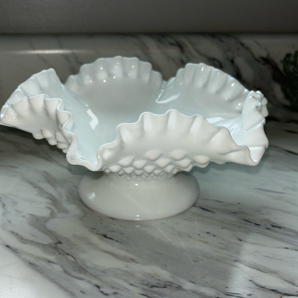 Vintage Fenton milk glass ruffled edge footed hobnail bowl